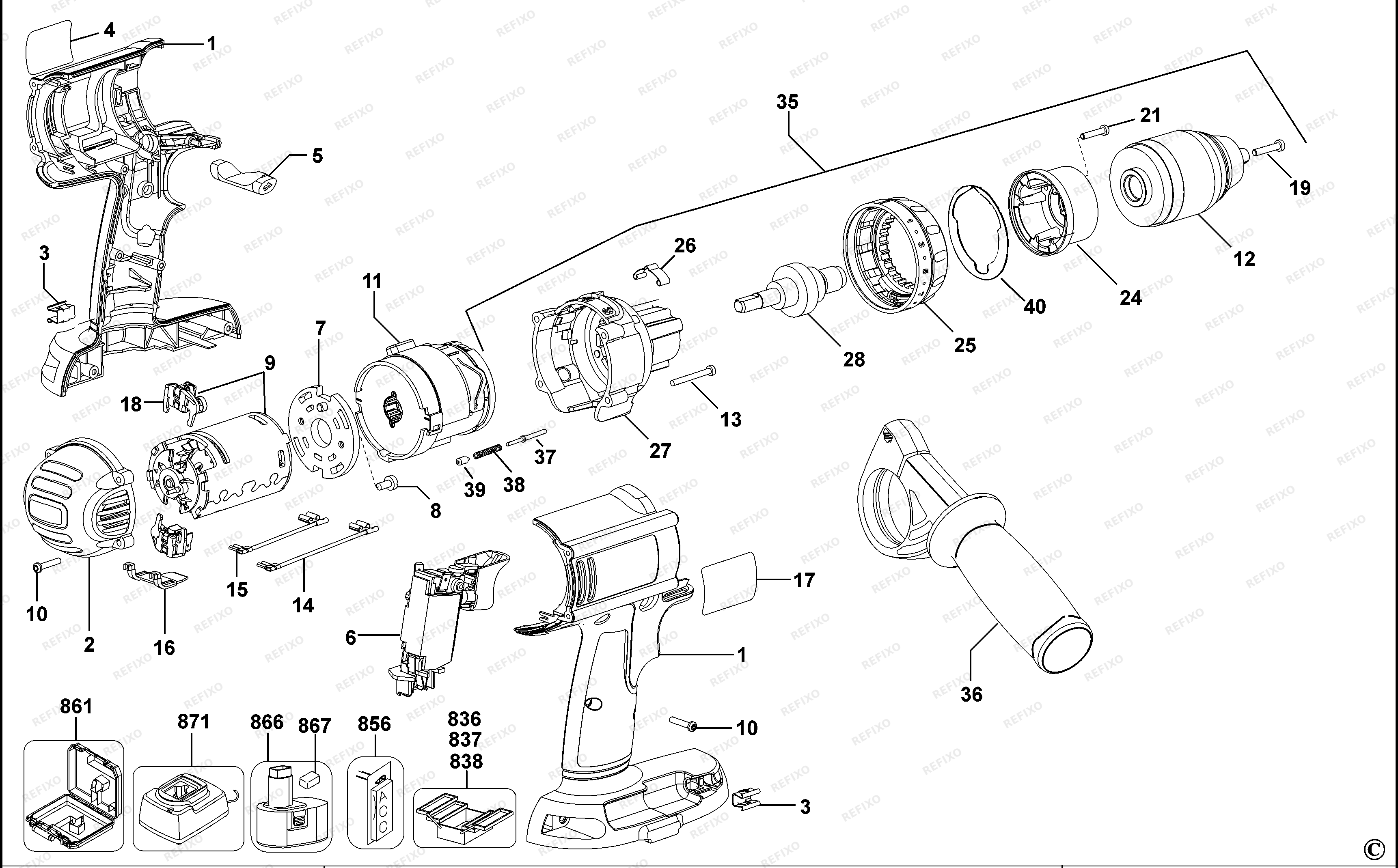 DeWalt АККУМУЛЯТОРНАЯ ДРЕЛЬ DC920K — схема запчастей