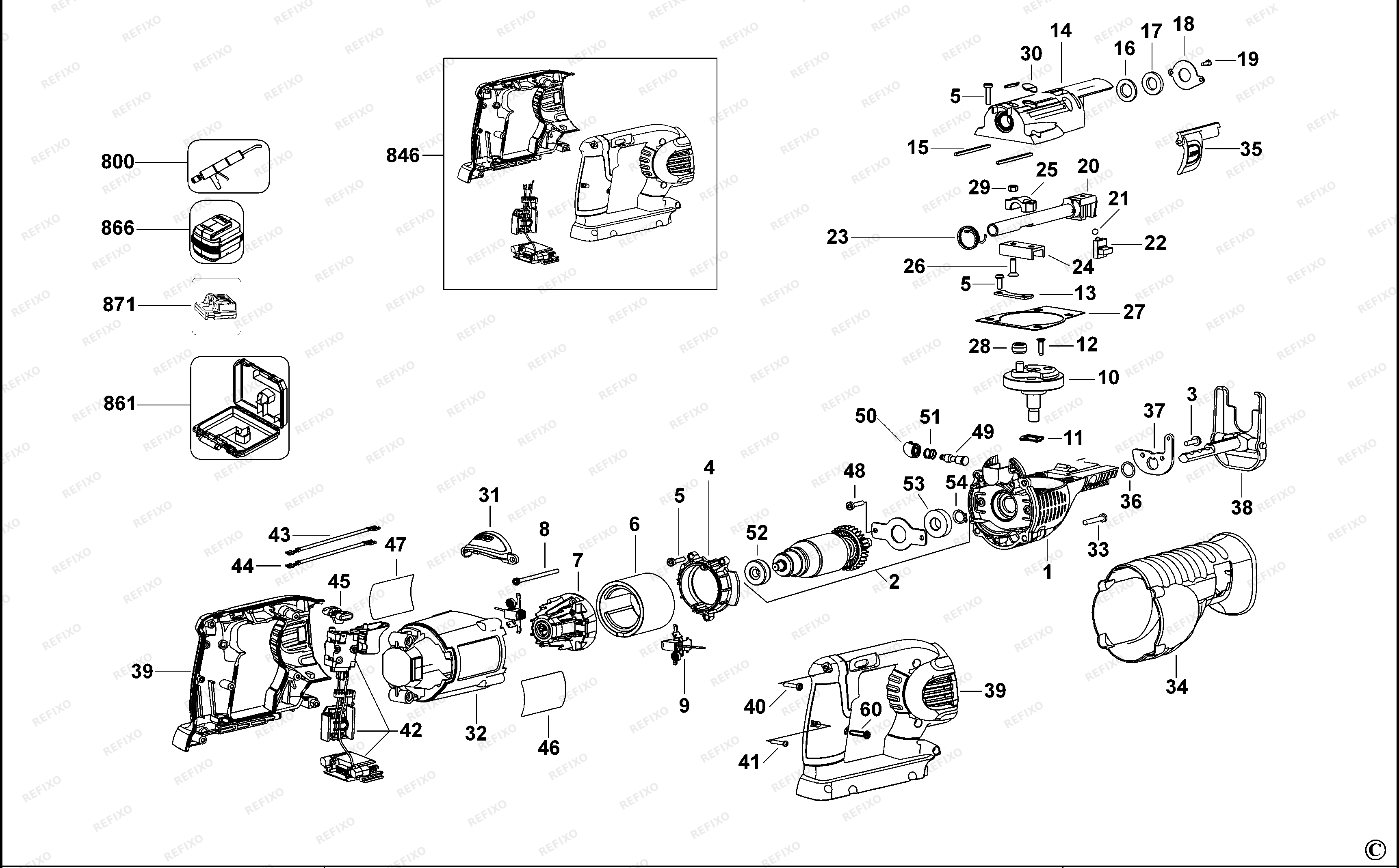 DeWalt АККУМУЛЯТОРНАЯ САБЕЛЬНАЯ ПИЛА DC305K — схема запчастей