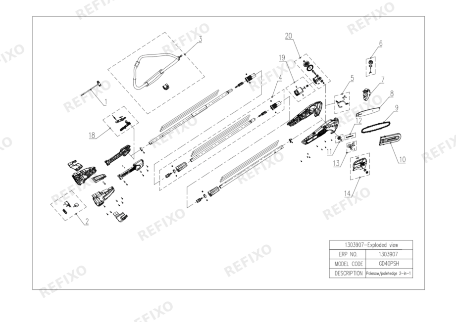 Greenworks GD40PSH-1303907-Eploded view new — схема запчастей