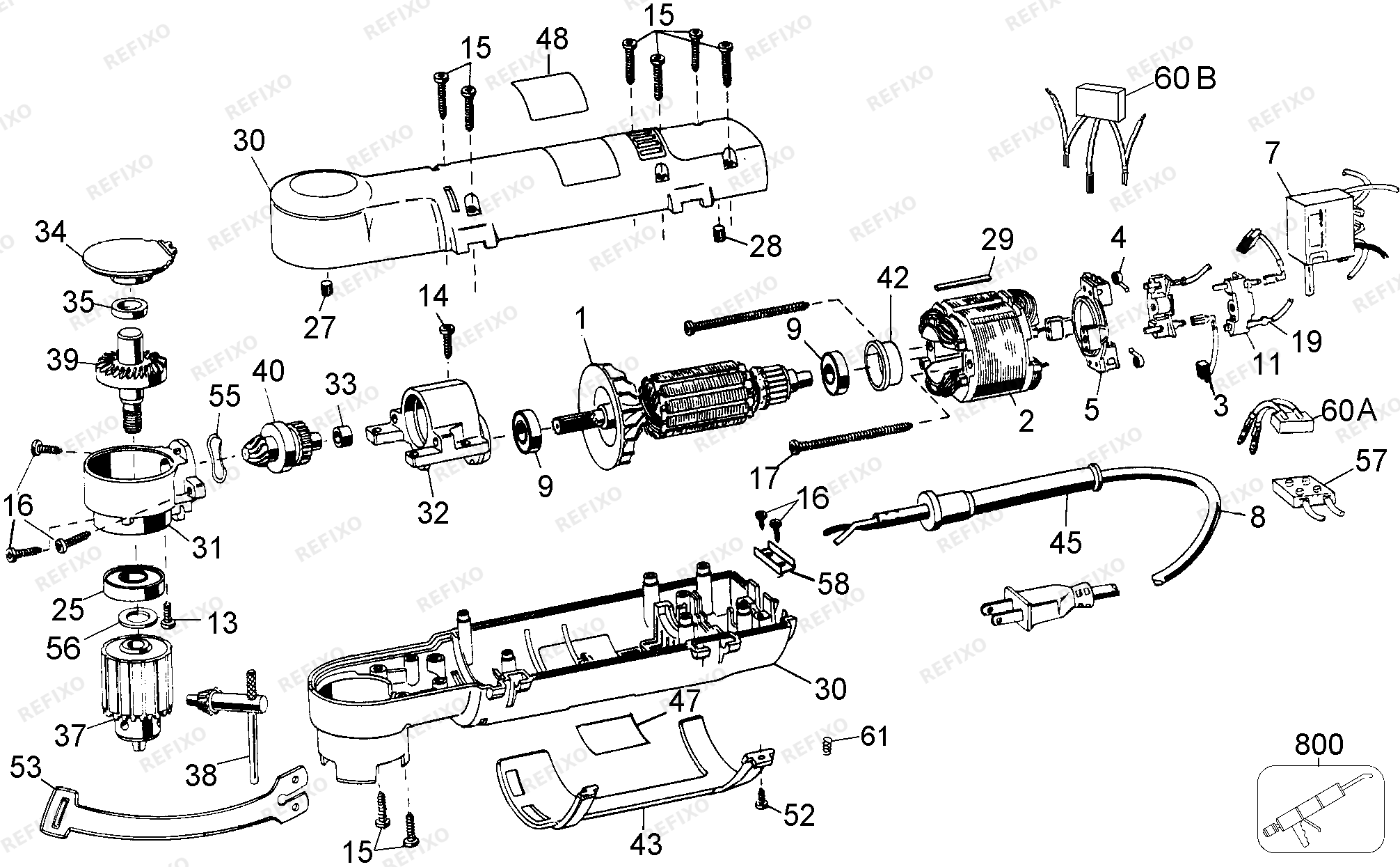 DeWalt УГЛОВАЯ ДРЕЛЬ DW160 — схема запчастей