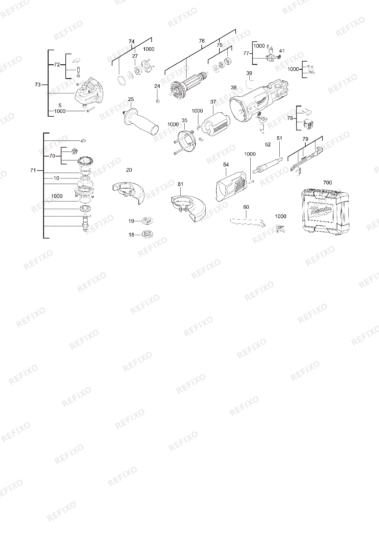 MILWAUKEE AG800 115E IN2 4933451210 4000452802 — схема запчастей