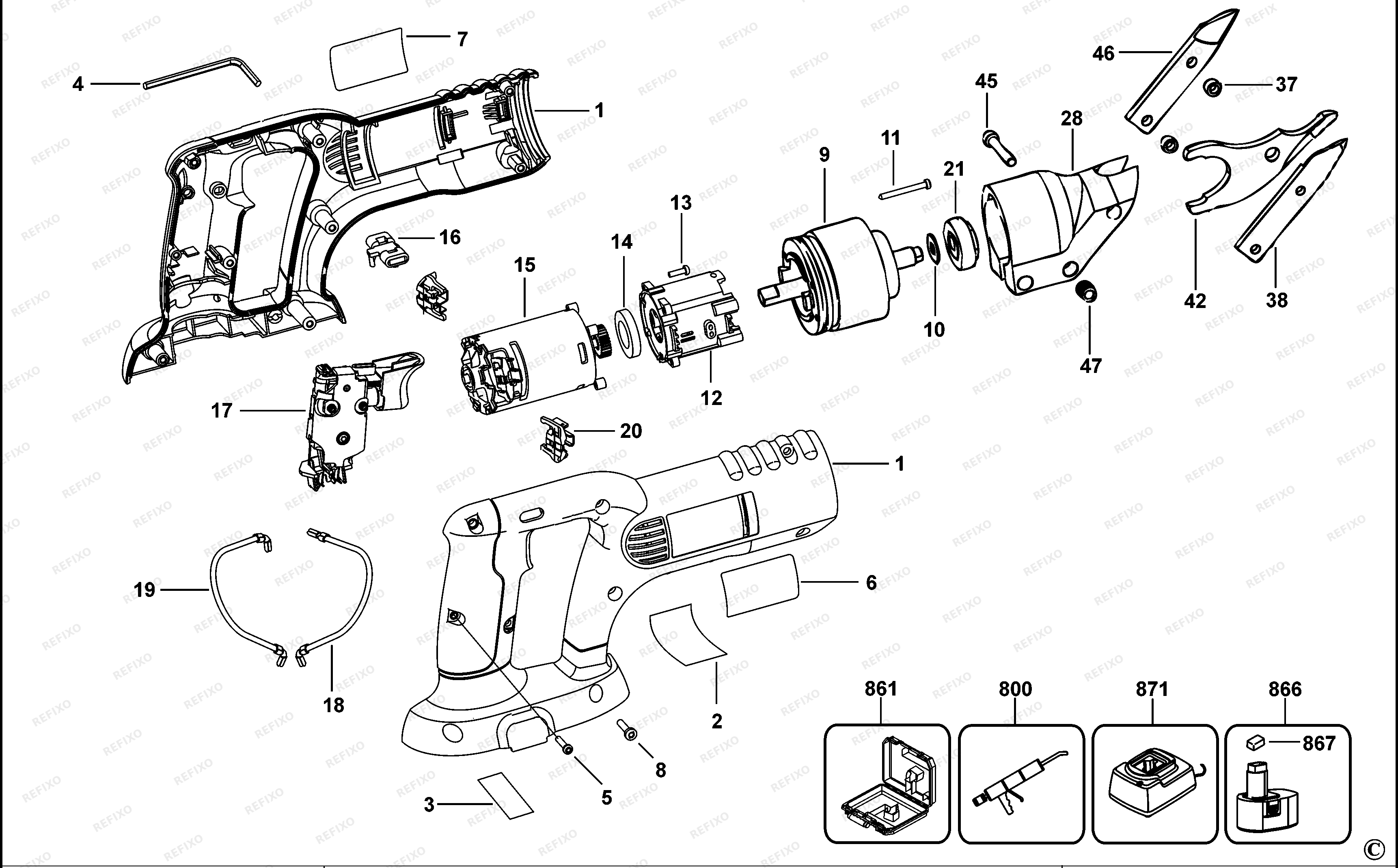 DeWalt АККУМУЛЯТОРНЫЕ НОЖНИЦЫ ПО МЕТАЛЛУ DC490 — схема запчастей