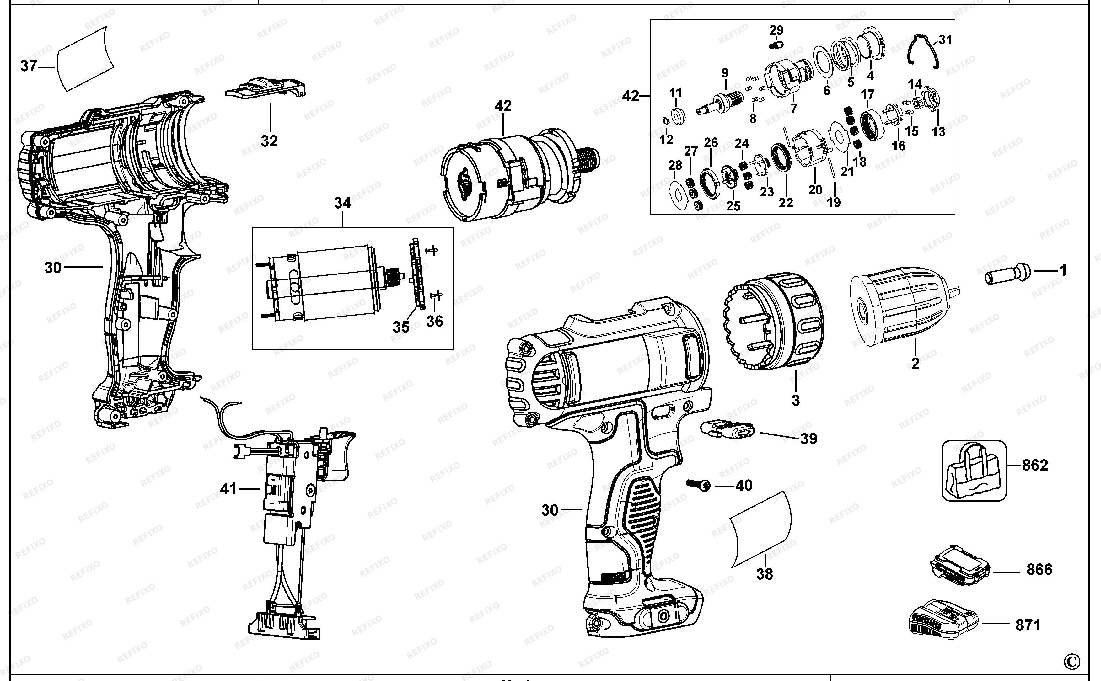 DeWalt АККУМУЛЯТОРНАЯ ДРЕЛЬ DCD700 — схема запчастей