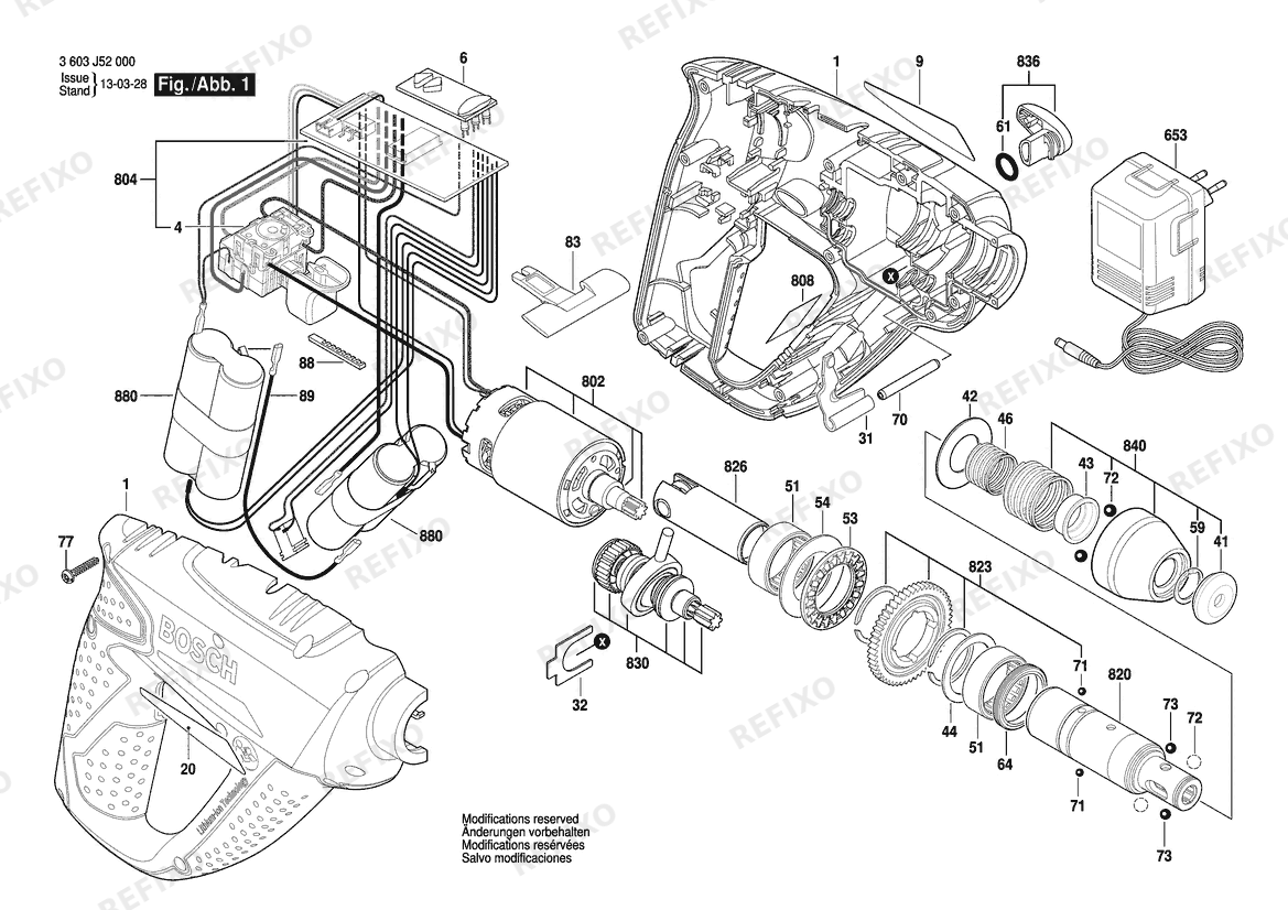Bosch Аккумуляторный - перфоратор UNEO | 14.4 V | 001 - EU (3 603 J52 001) — схема запчастей