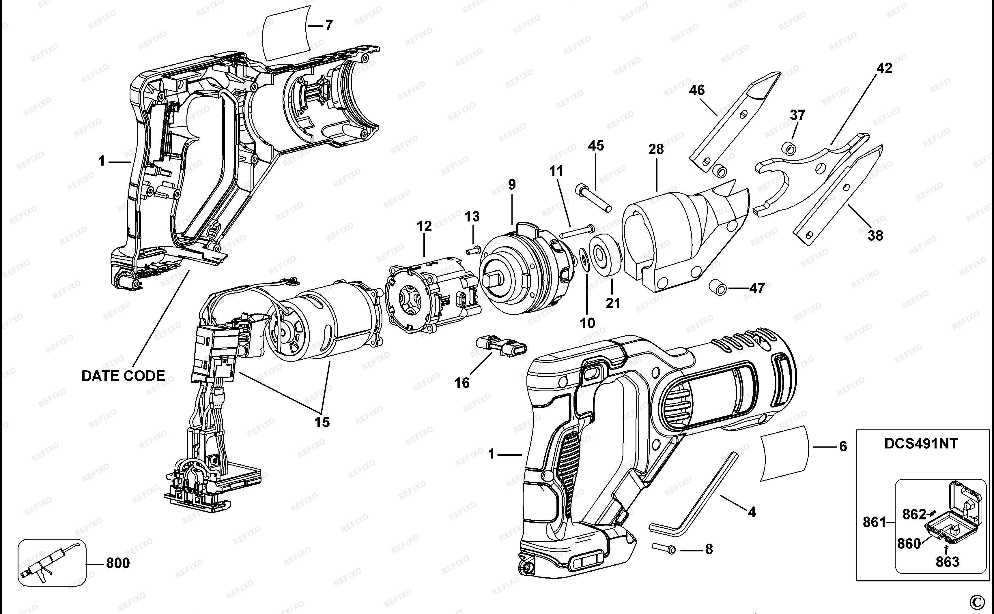 DeWalt АККУМУЛЯТОРНЫЕ НОЖНИЦЫ ПО МЕТАЛЛУ DCS491 — схема запчастей