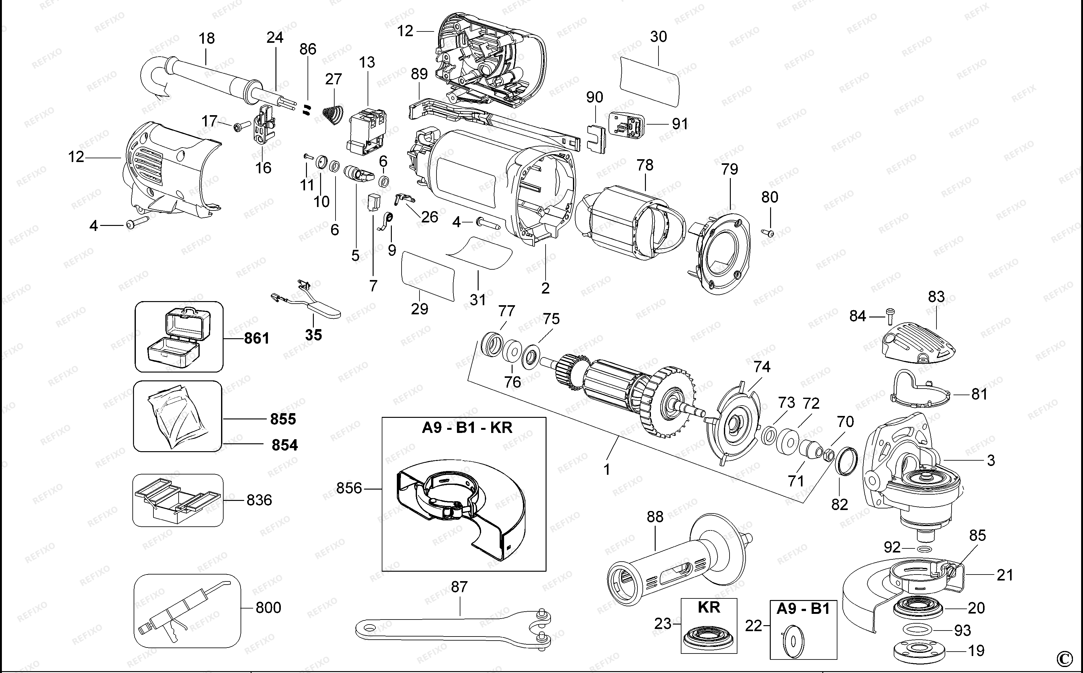 DeWalt МАЛЕНЬКАЯ УГЛОВАЯ ШЛИФМАШИНКА D28111 — схема запчастей