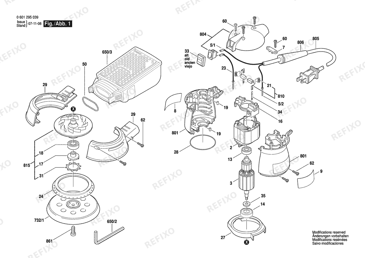 Bosch Эксцентриковая шлифмашина 1295 DP | 115 V | 061 - US (0 601 295 139) — схема запчастей