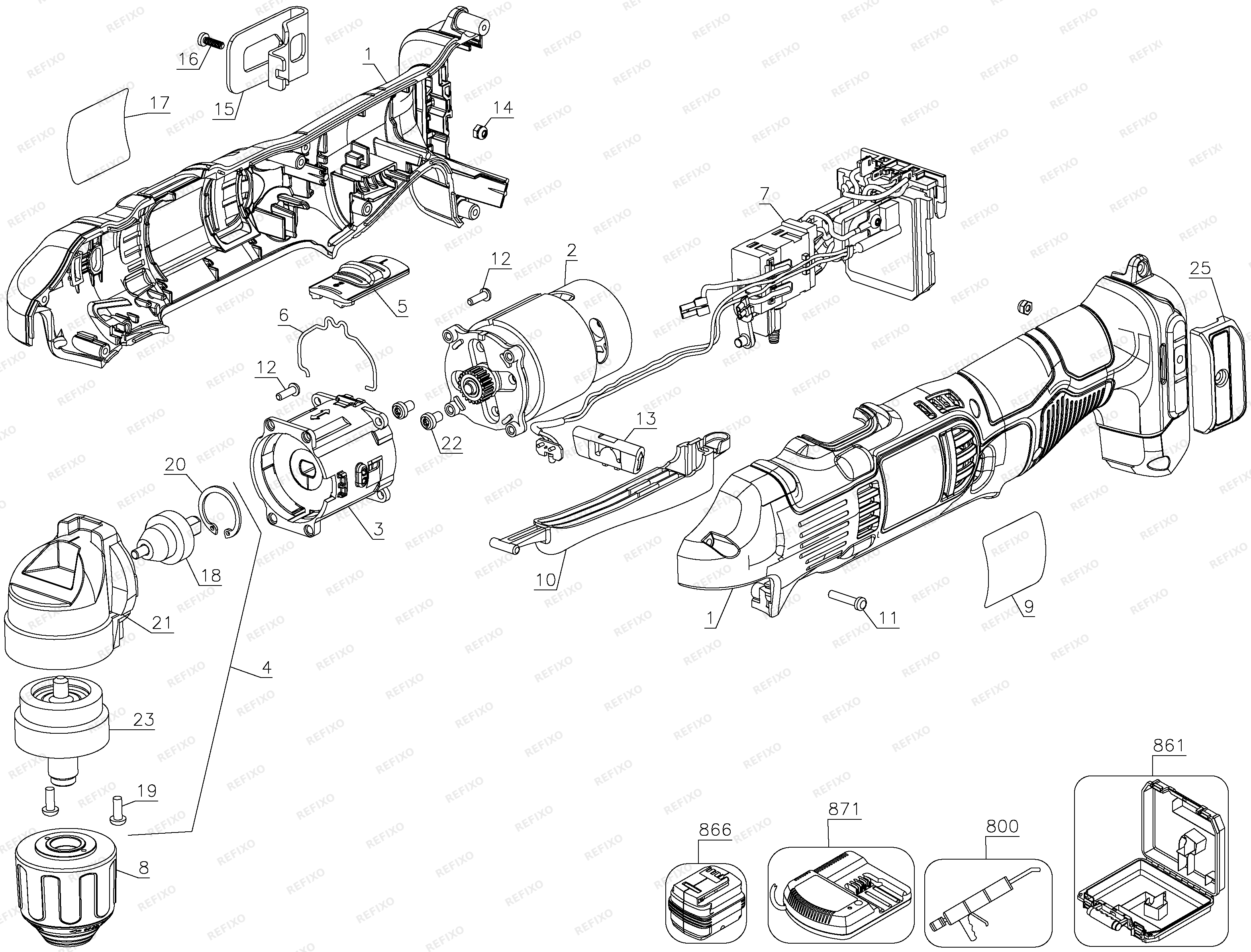 DeWalt 14.4V RAD BARE UNIT IN KI DCD720KN — схема запчастей