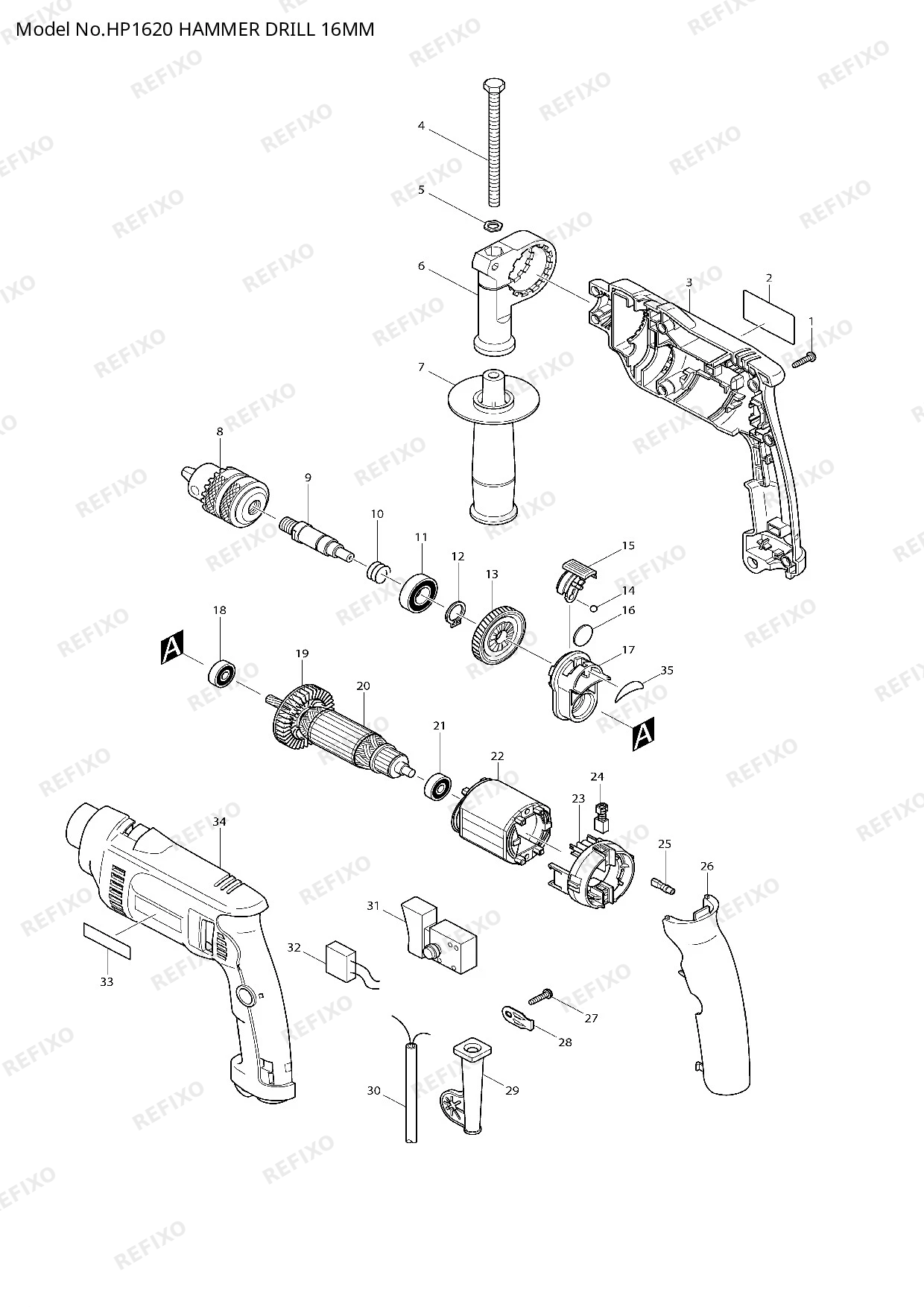 MAKITA HP1620 — схема запчастей