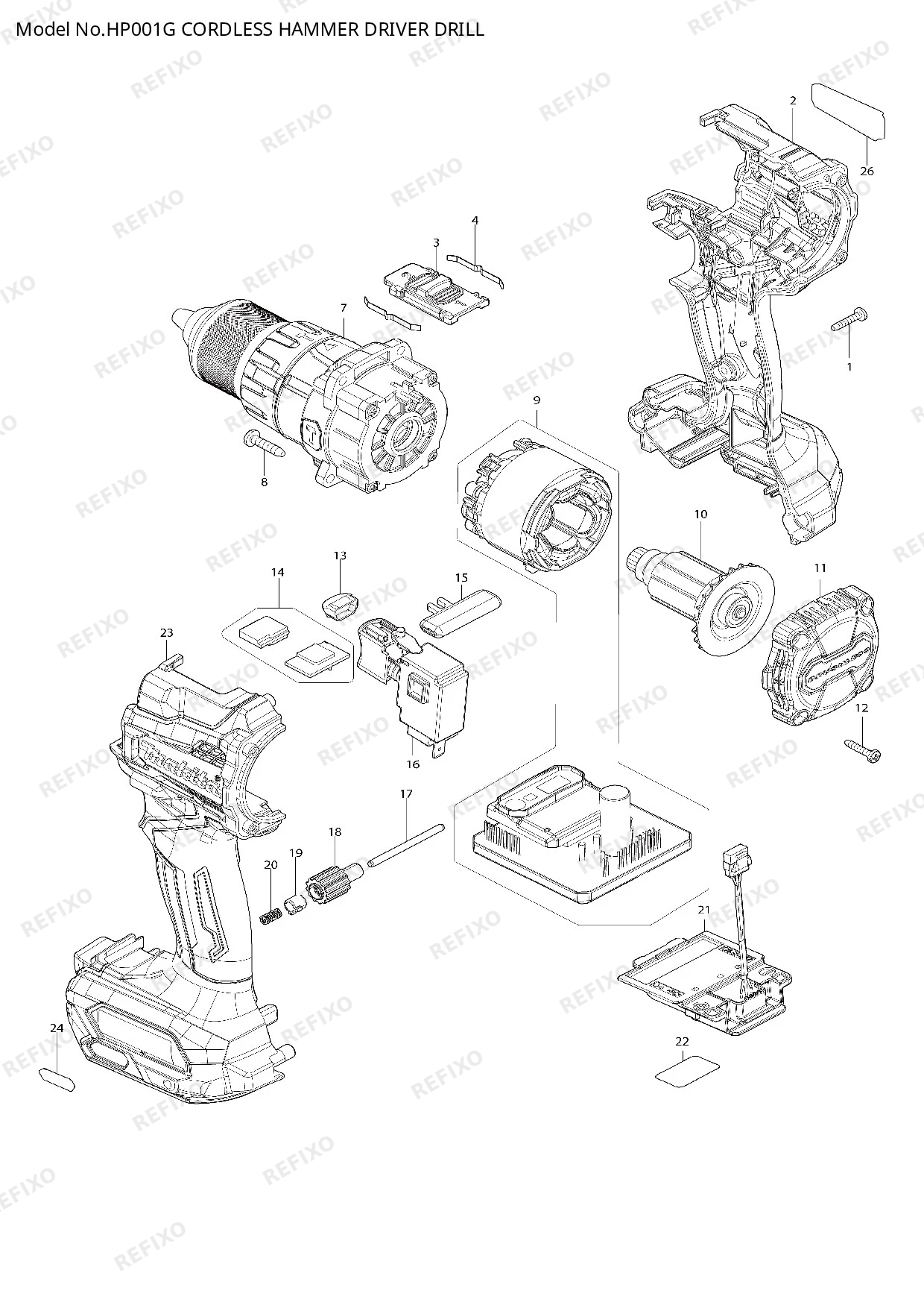 MAKITA HP001G — схема запчастей