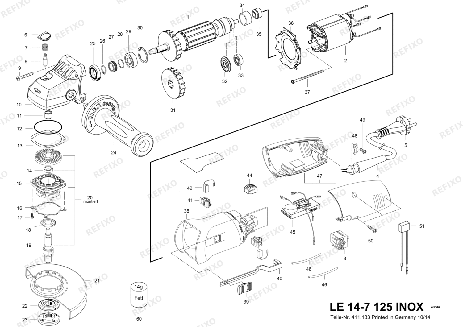 Flex LE 14-7 125 - 1400 Watt INOXFLEX, угловая шлифмашина 406589 — схема запчастей