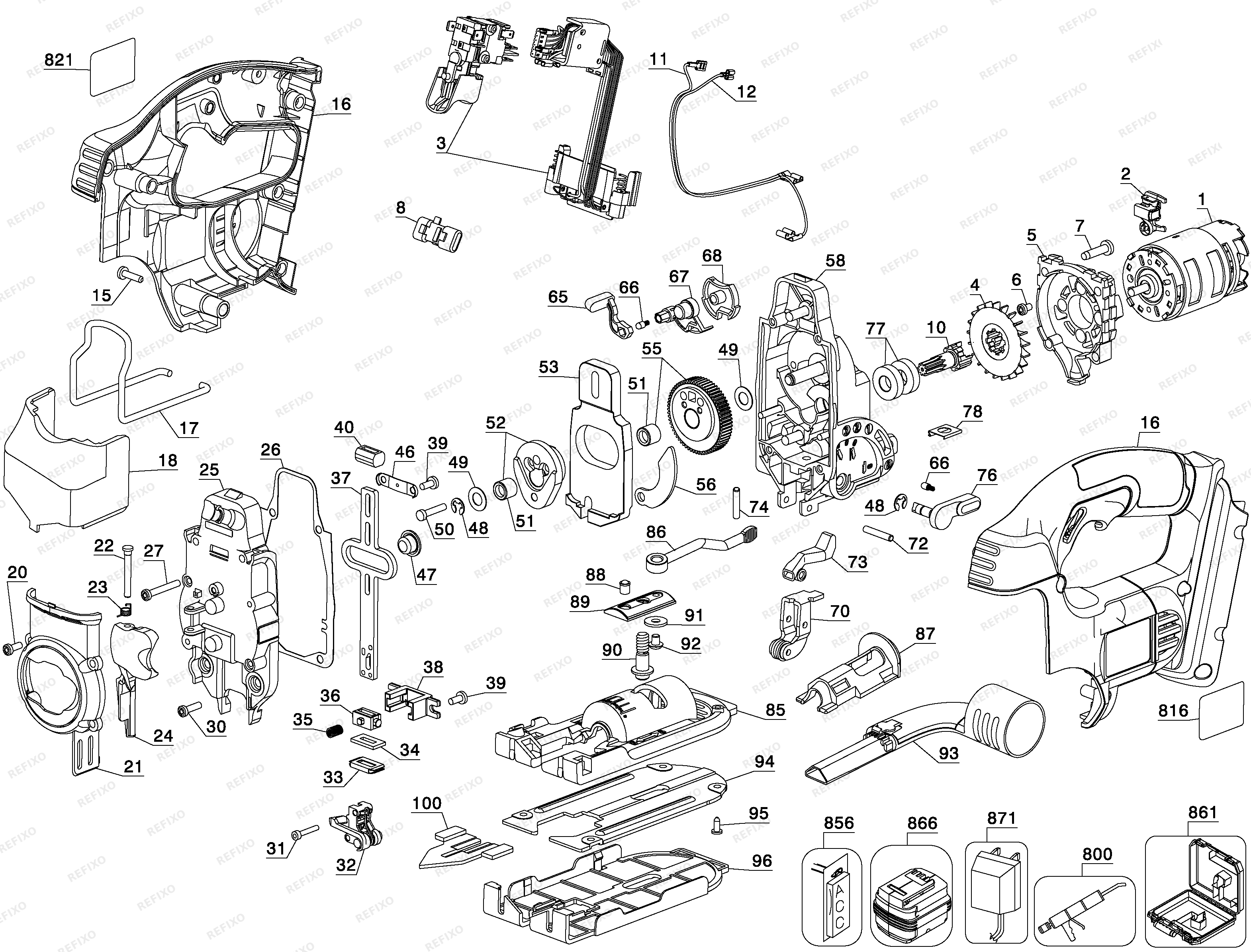DeWalt 28V Li-lon Jigsaw DC318K — схема запчастей
