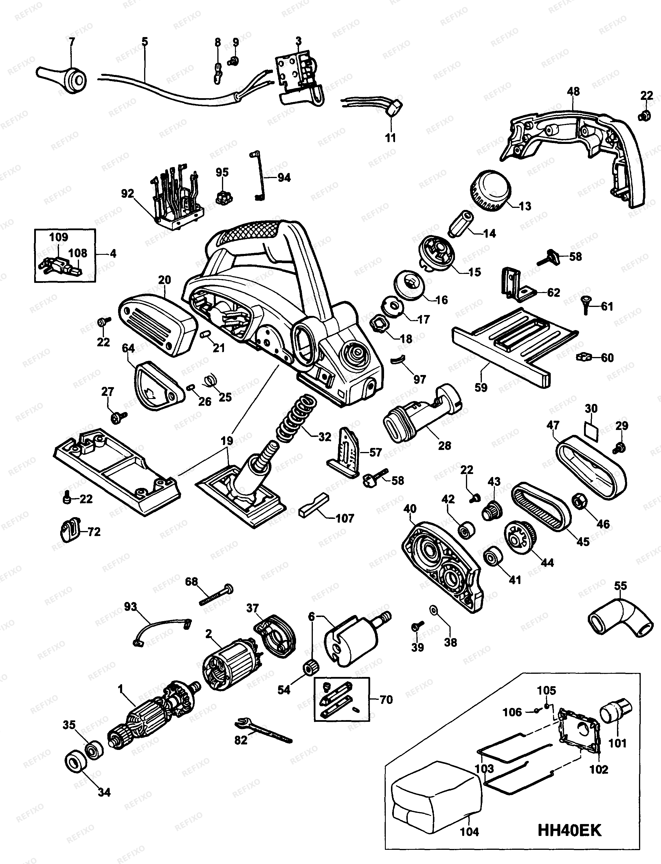 DeWalt РУБАНОК HH40E — схема запчастей