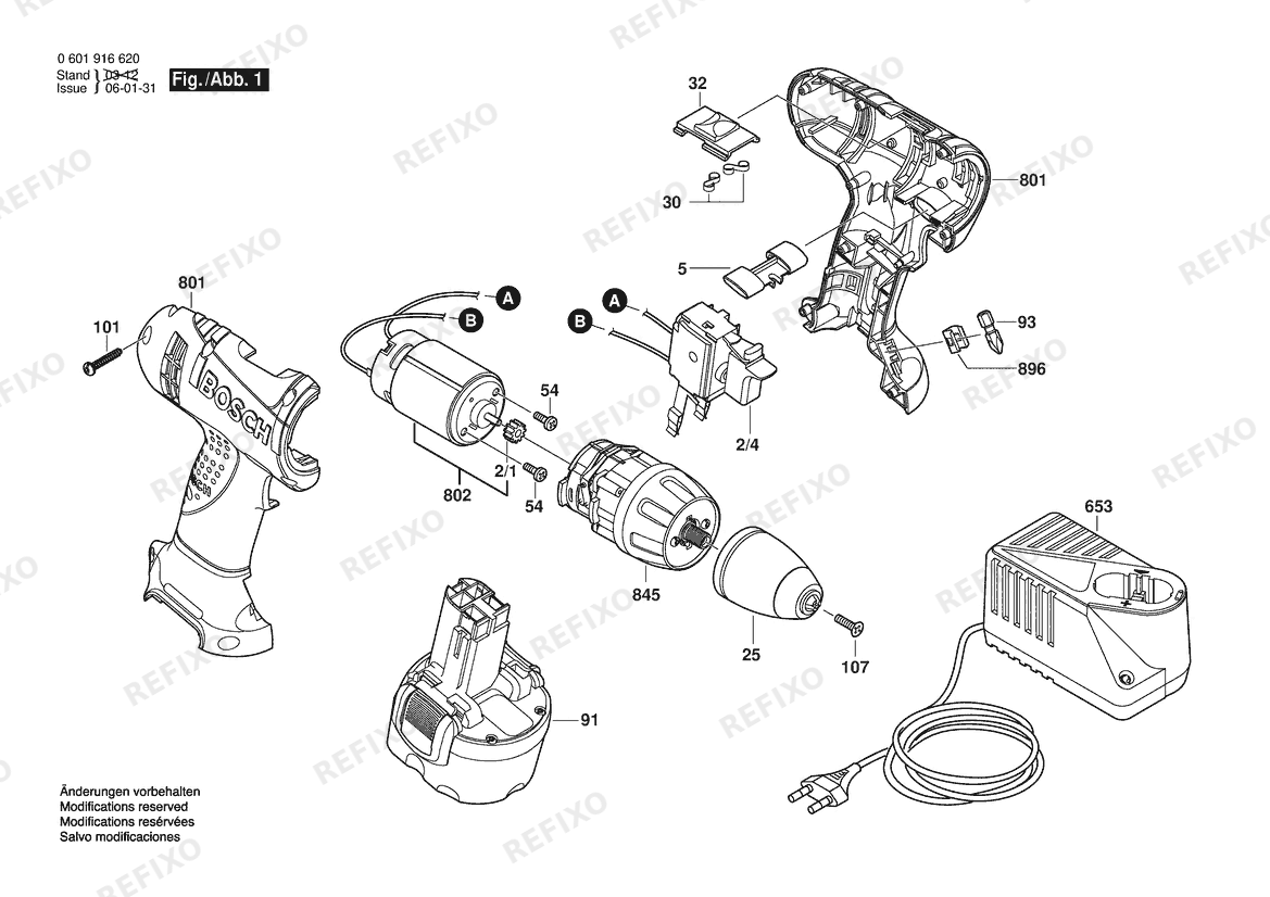 Bosch Аккумуляторный -Mittelgriffschrauber GSR 9,6 V | 9.6 V | 001 - EU (0 601 916 620) — схема запчастей