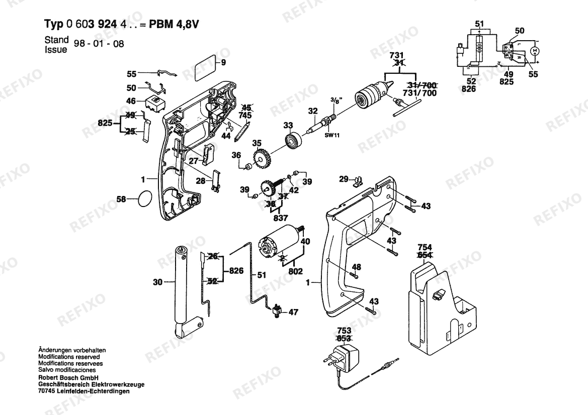Bosch Аккумуляторный - дрель PBM 4,8 V | 4.8 V | 036 - GB (0 603 924 442) — схема запчастей