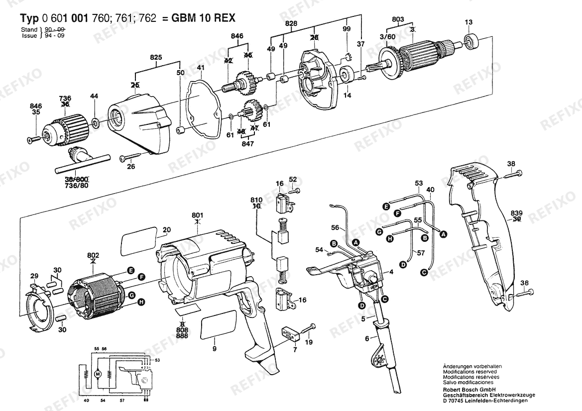 Bosch Дрель GBM 10 REX | 115 V | 012 - TW (0 601 001 760) — схема запчастей