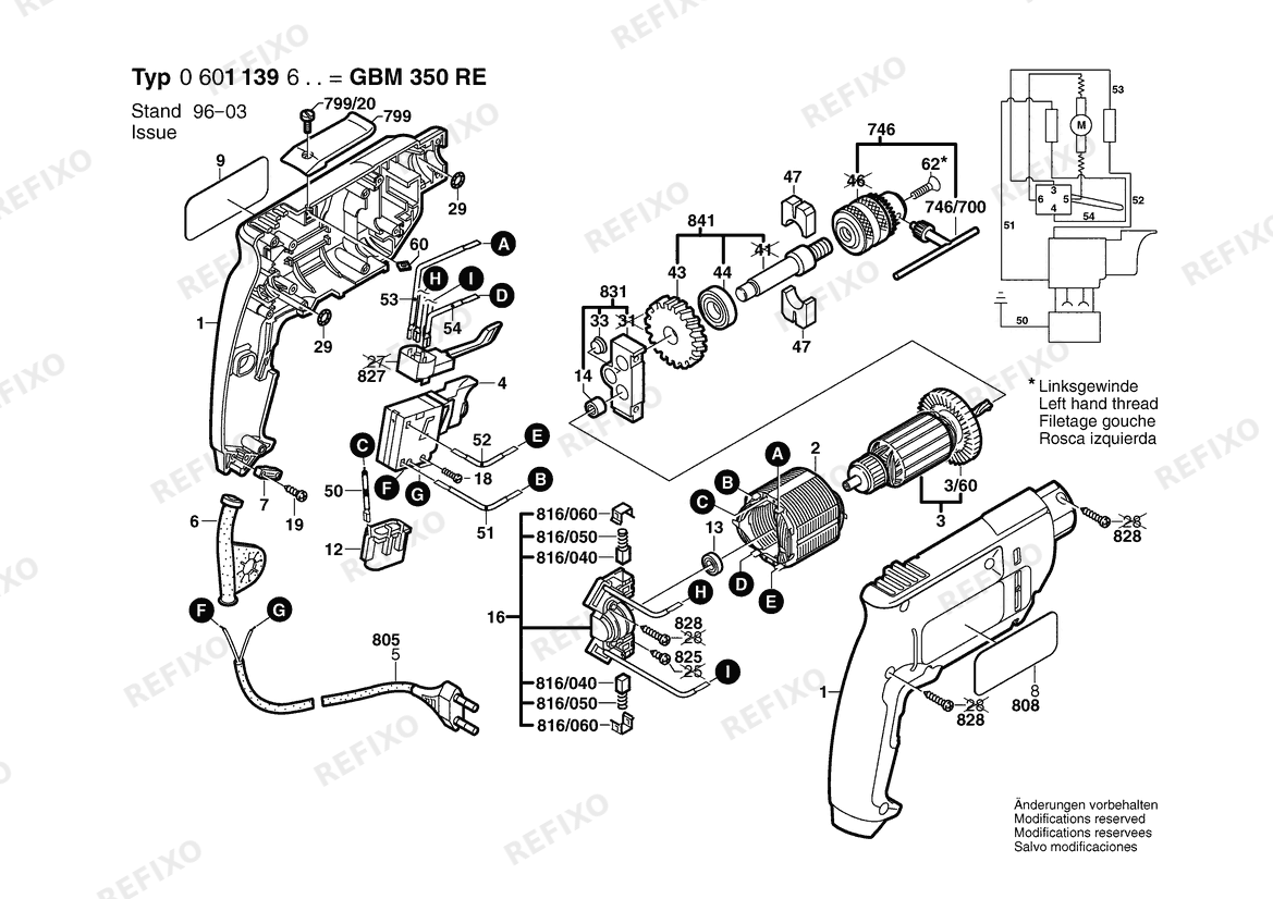 Bosch Дрель GBM 350 RE | 115 V | 012 - TW (0 601 139 605) — схема запчастей