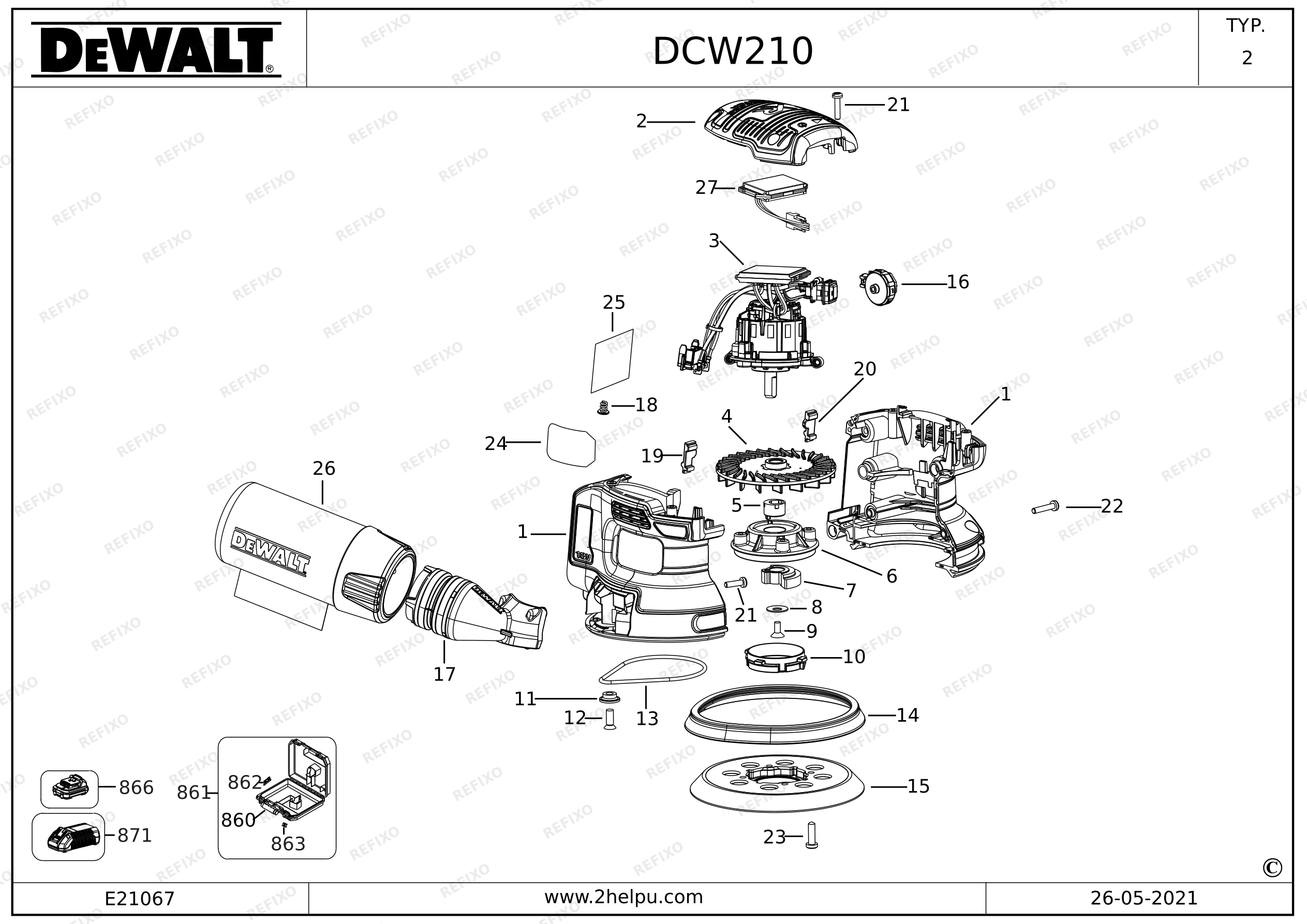 DeWalt ЭКСЦЕНТРИКОВАЯ ПЛОСКОШЛИФОВАЛЬНАЯ МАШИНКА DCW210 TYP — схема запчастей