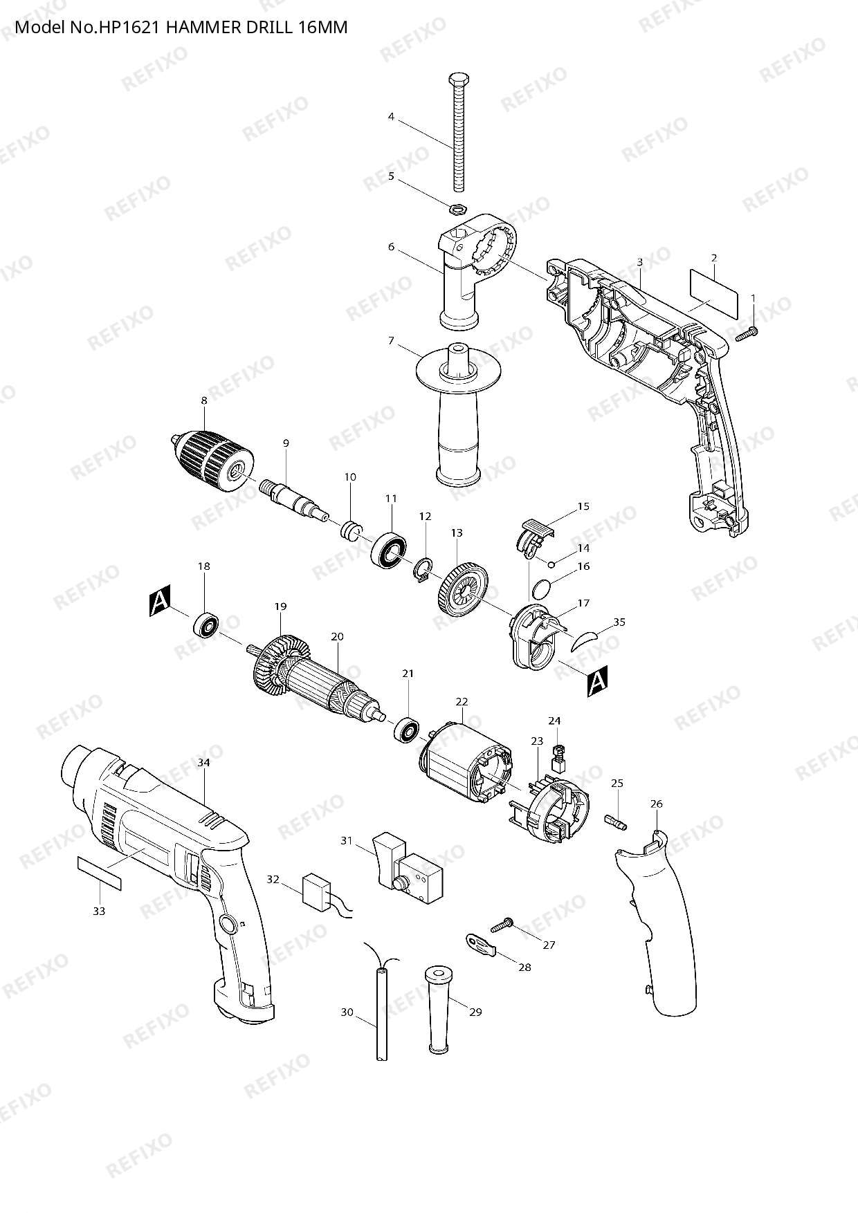 MAKITA HP1621 — схема запчастей