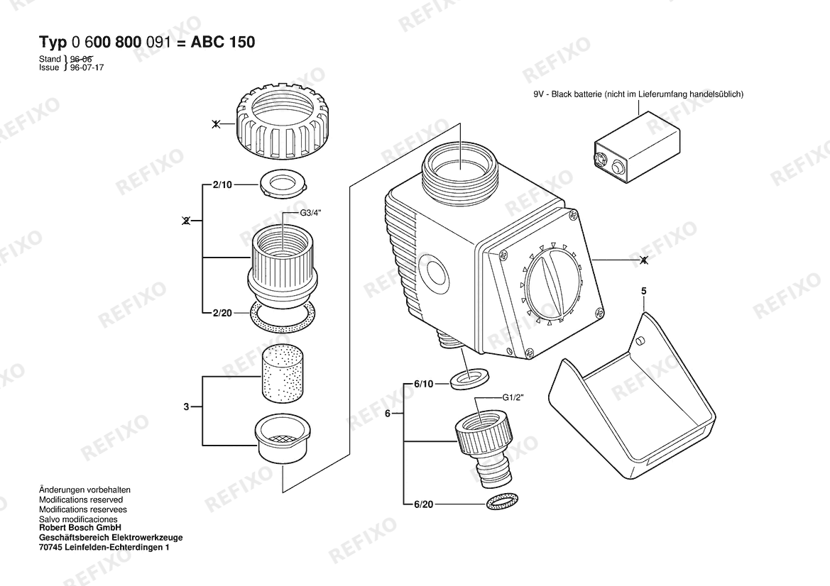 Bosch Wasseruhr ABC 150 (0 600 800 091) — схема запчастей