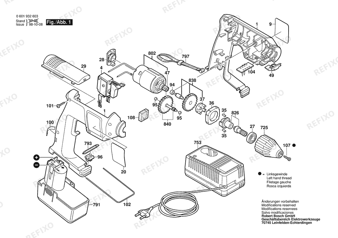 Bosch Аккумуляторный - дрель GBM 9,6 VES-1 (0 601 932 606) — схема запчастей