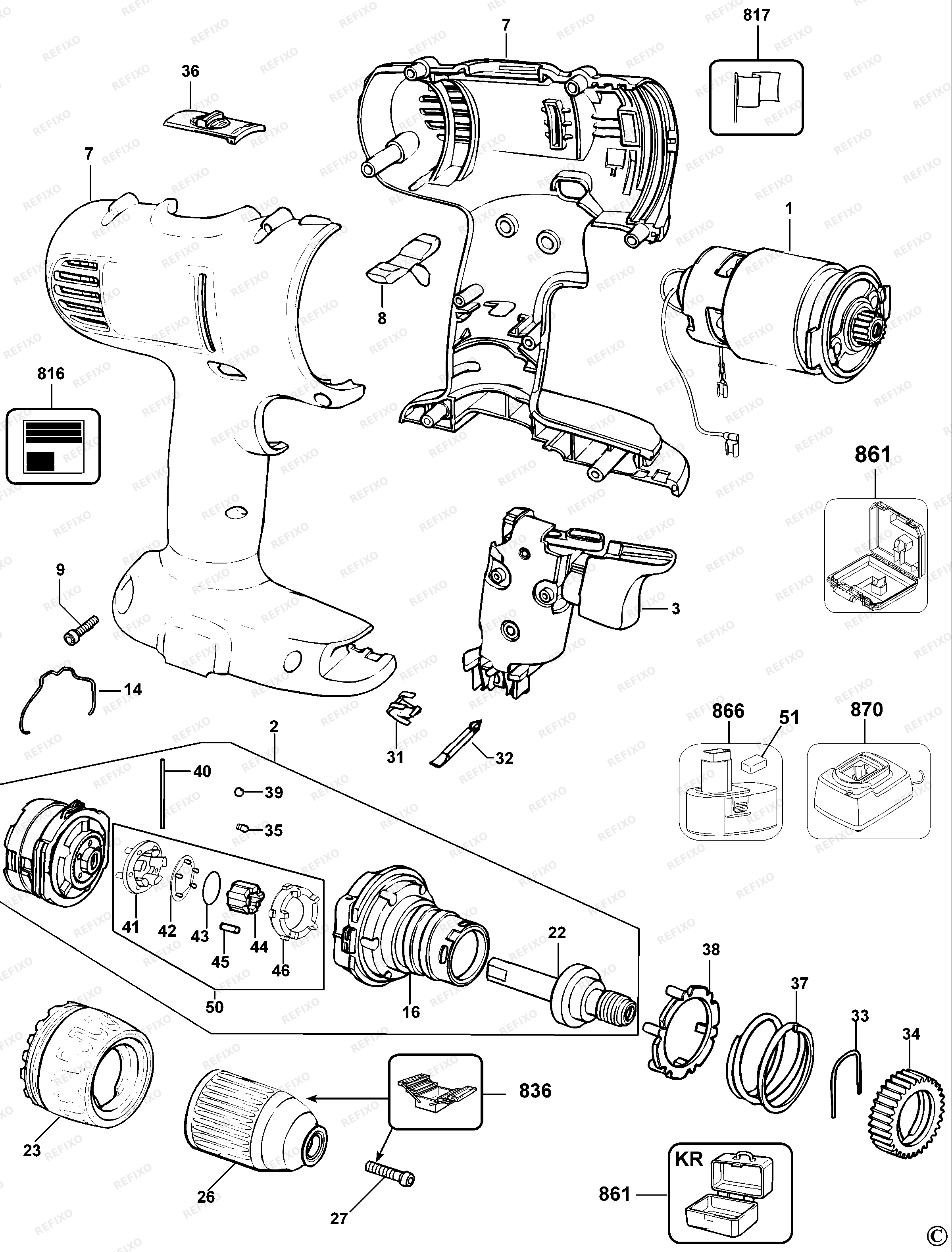 DeWalt АККУМУЛЯТОРНАЯ ДРЕЛЬ DC757 — схема запчастей