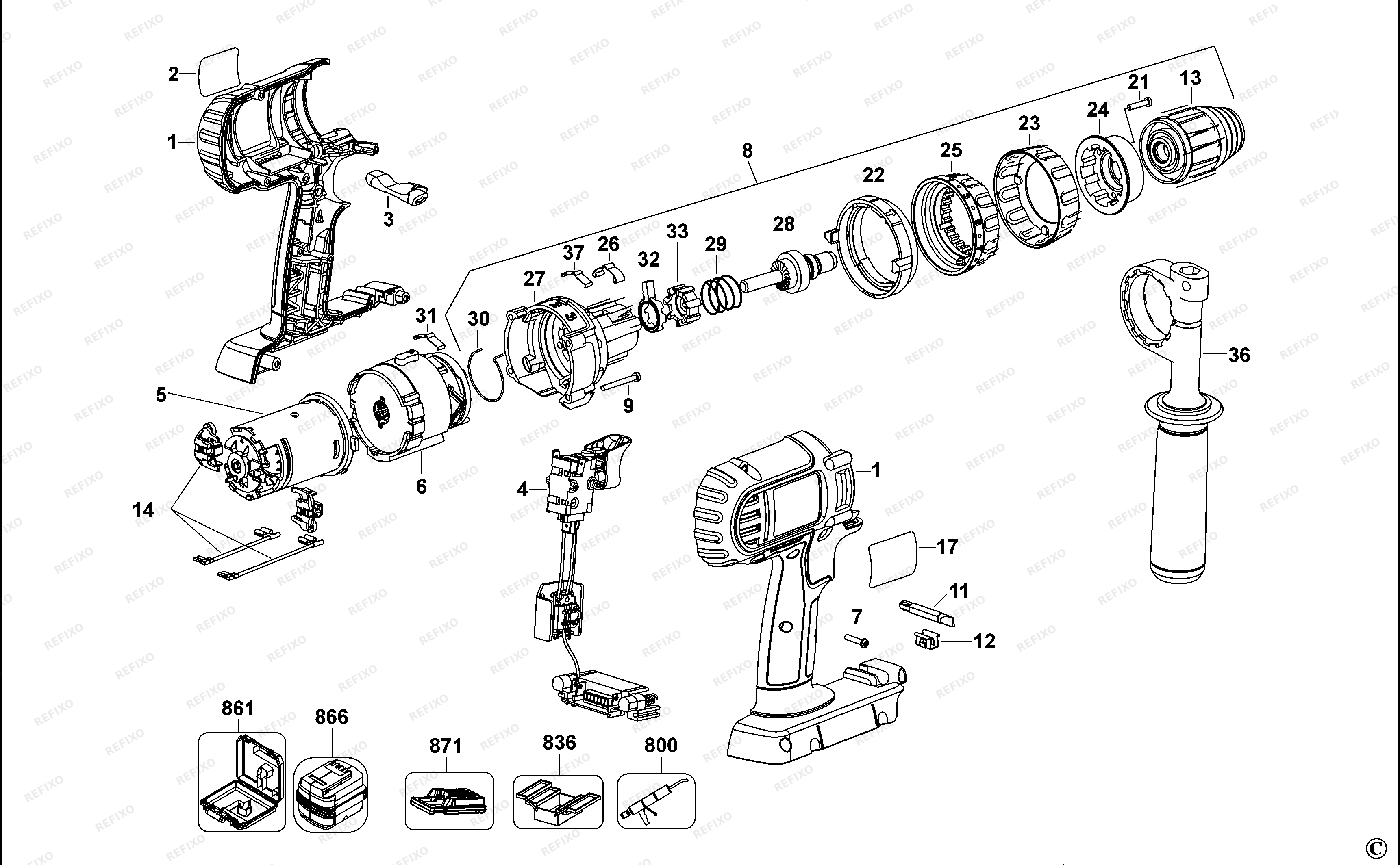 DeWalt АККУМУЛЯТОРНАЯ ДРЕЛЬ DC901 — схема запчастей