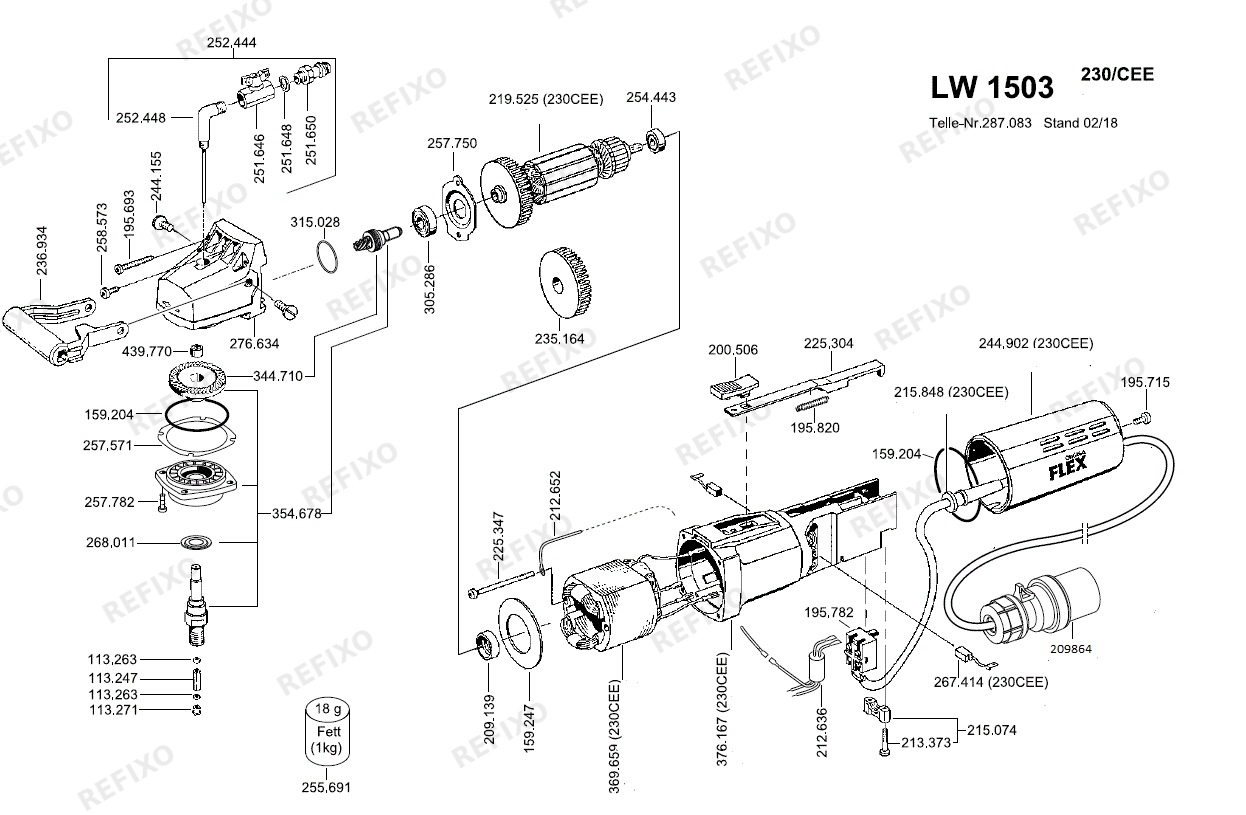 Flex LW 1503 Naß- шлифмашина bis 07.2018 253074 — схема запчастей