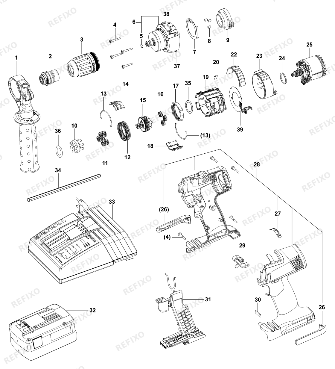 Festool PDC 18-4 TEC - аккумуляторный шуруповёрт — схема запчастей