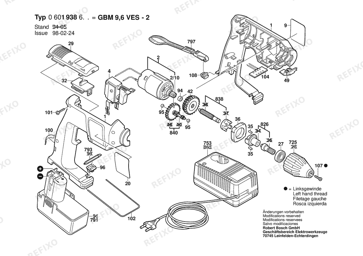 Bosch Аккумуляторный - дрель GBM 9,6 VES-2 | 9.6 V | 001 - EU (0 601 938 6A1) — схема запчастей