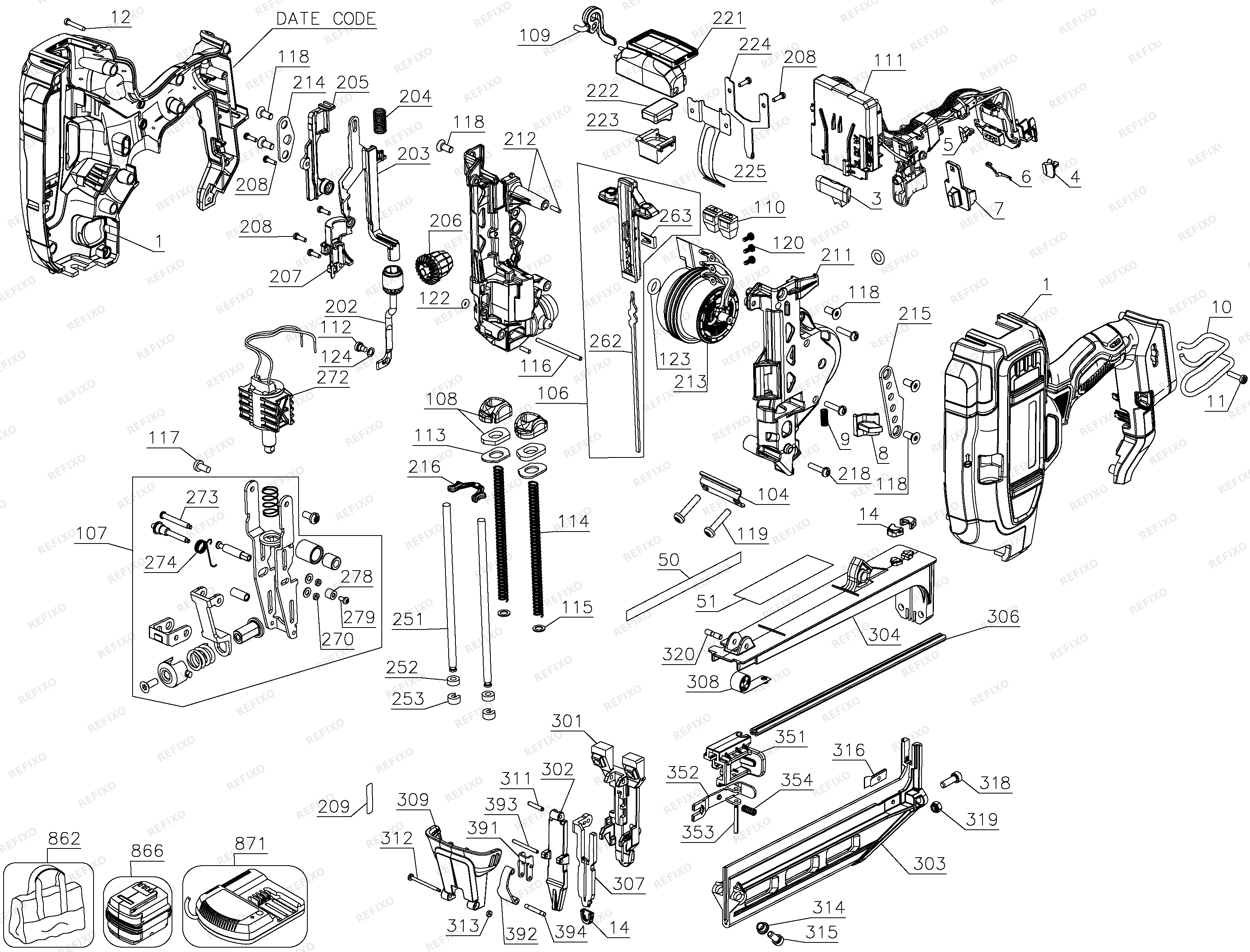 DeWalt АККУМУЛЯТОРНЫЙ ГВОЗДЕЗАБИВАТЕЛЬ DCN662NT — схема запчастей