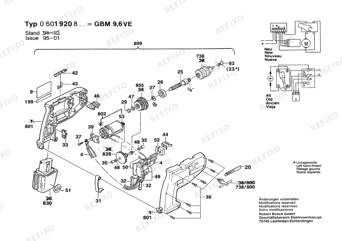 Bosch Gw- аккумуляторный - дрель GBM 9,6 VE | 025 - AMS (0 601 920 834) — схема запчастей